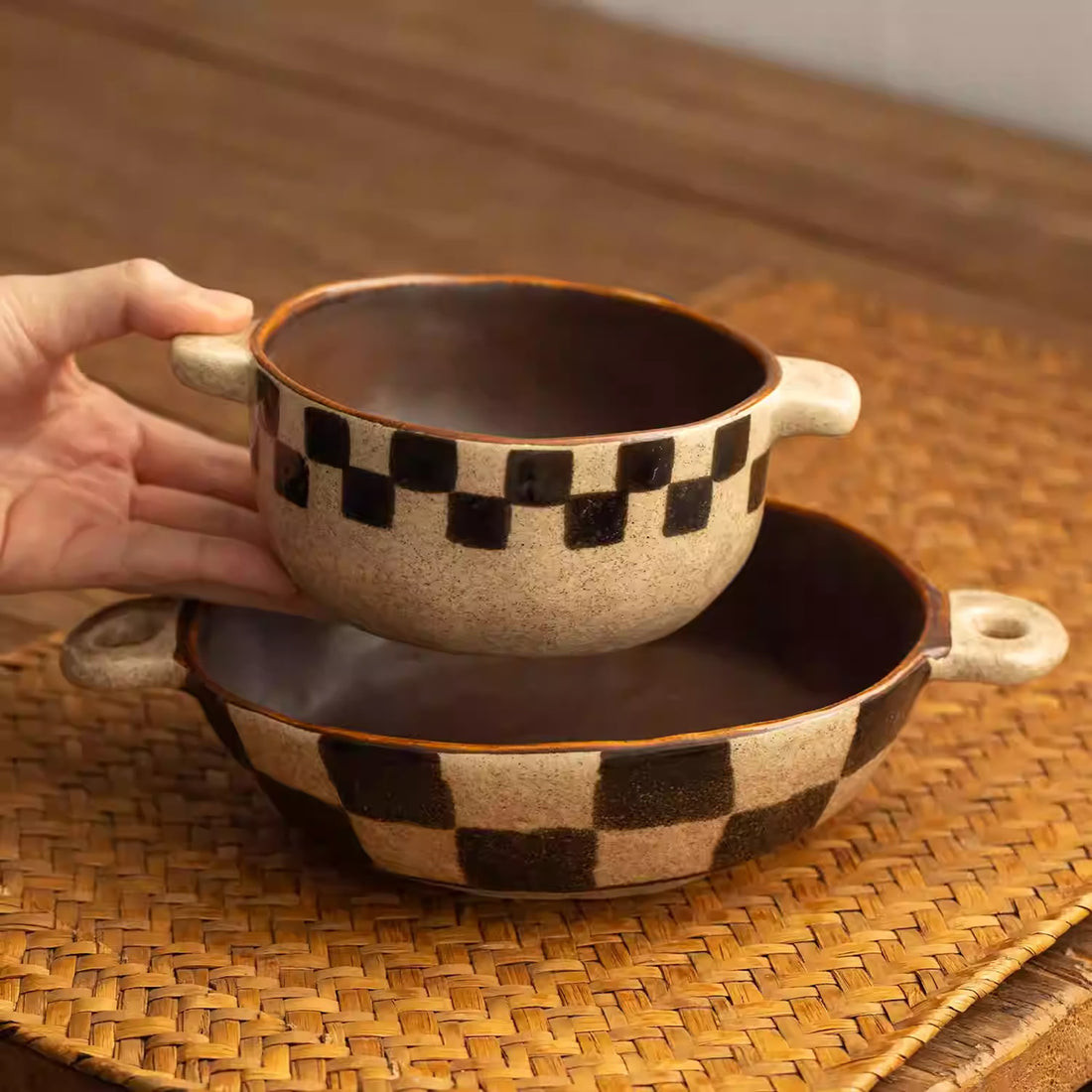 Vaisselle en céramique Minoyaki motif damier rétro