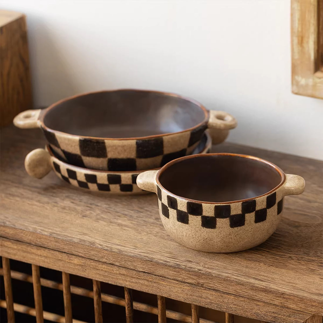 Vaisselle en céramique Minoyaki motif damier rétro