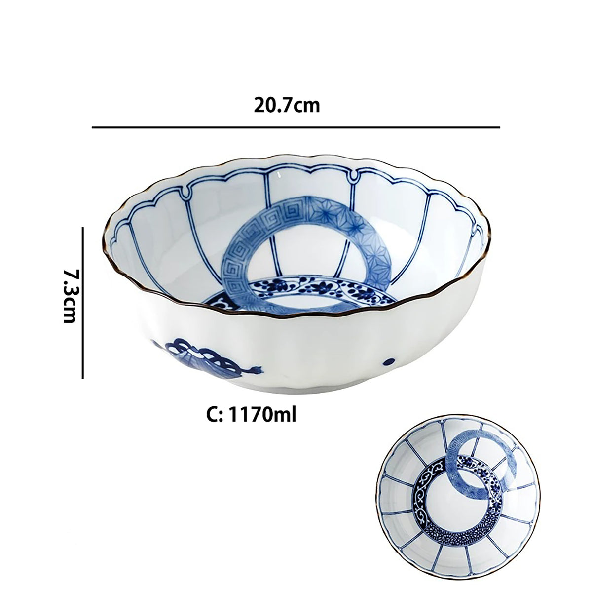 Vaisselle Minoyaki motif double anneau bleu et blanc