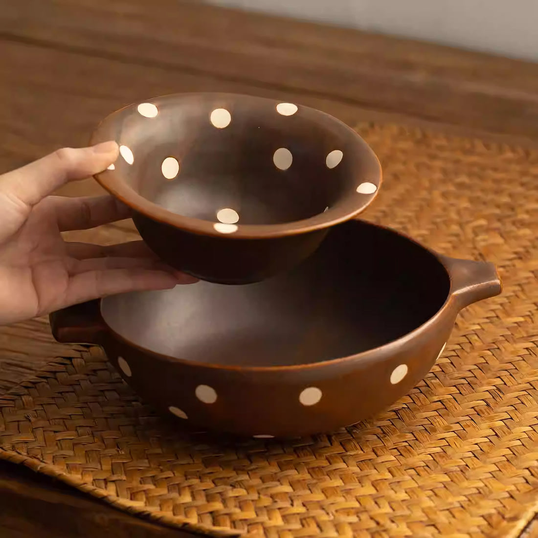 Bol Minoyaki rétro brun à pois blancs