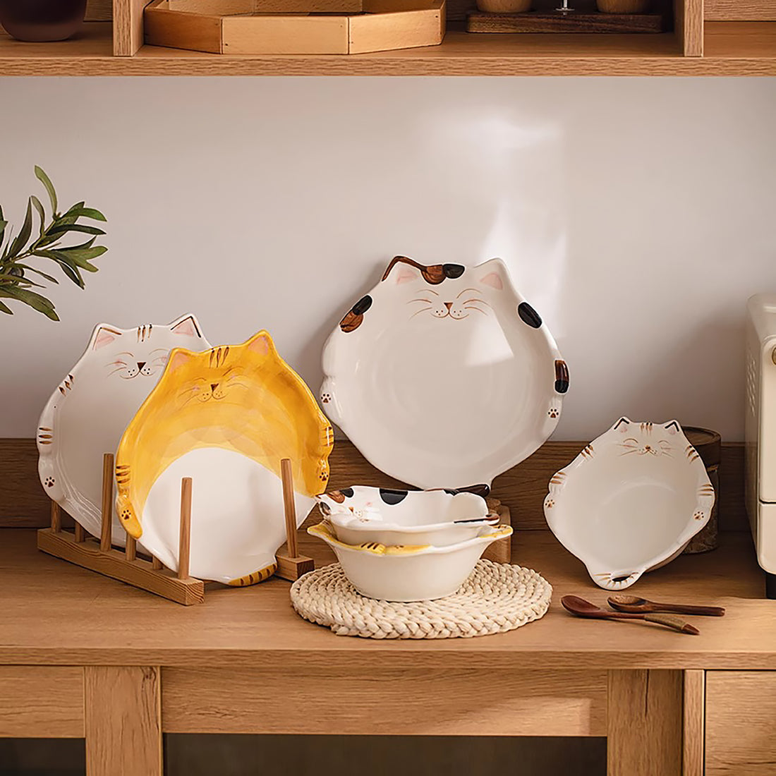 Assiette et bol en céramique en forme de chat