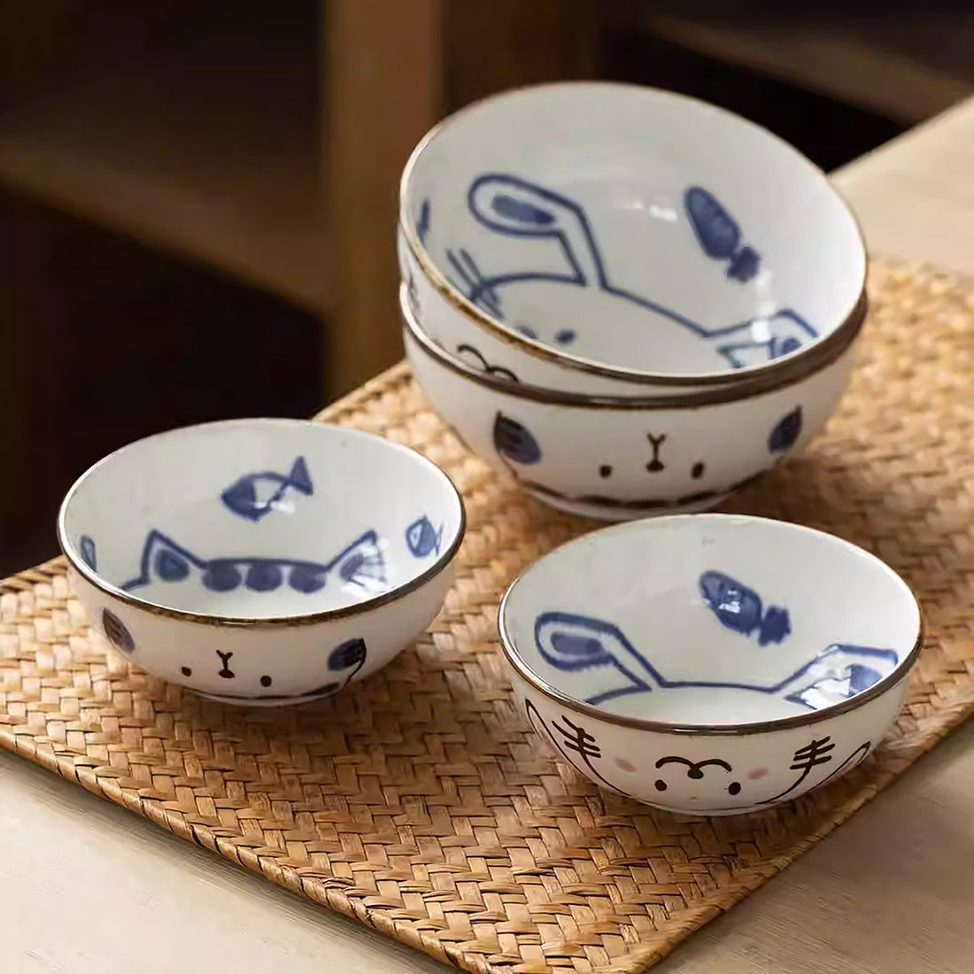 Bol en céramique Mino-yaki avec chat et lapin mignons