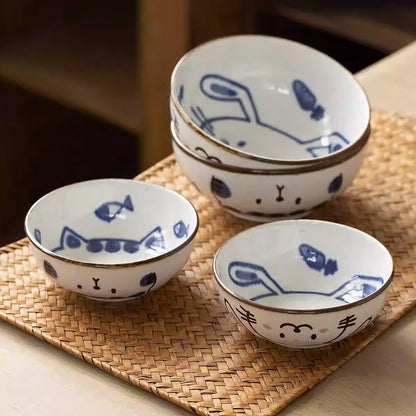Bol en céramique Mino-yaki avec chat et lapin mignons
