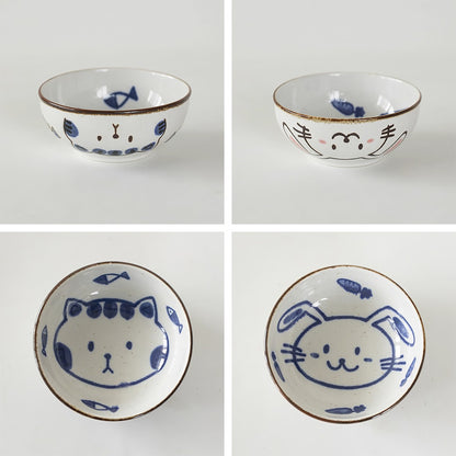 Bol en céramique Mino-yaki avec chat et lapin mignons