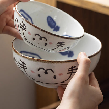 Bol en céramique Mino-yaki avec chat et lapin mignons