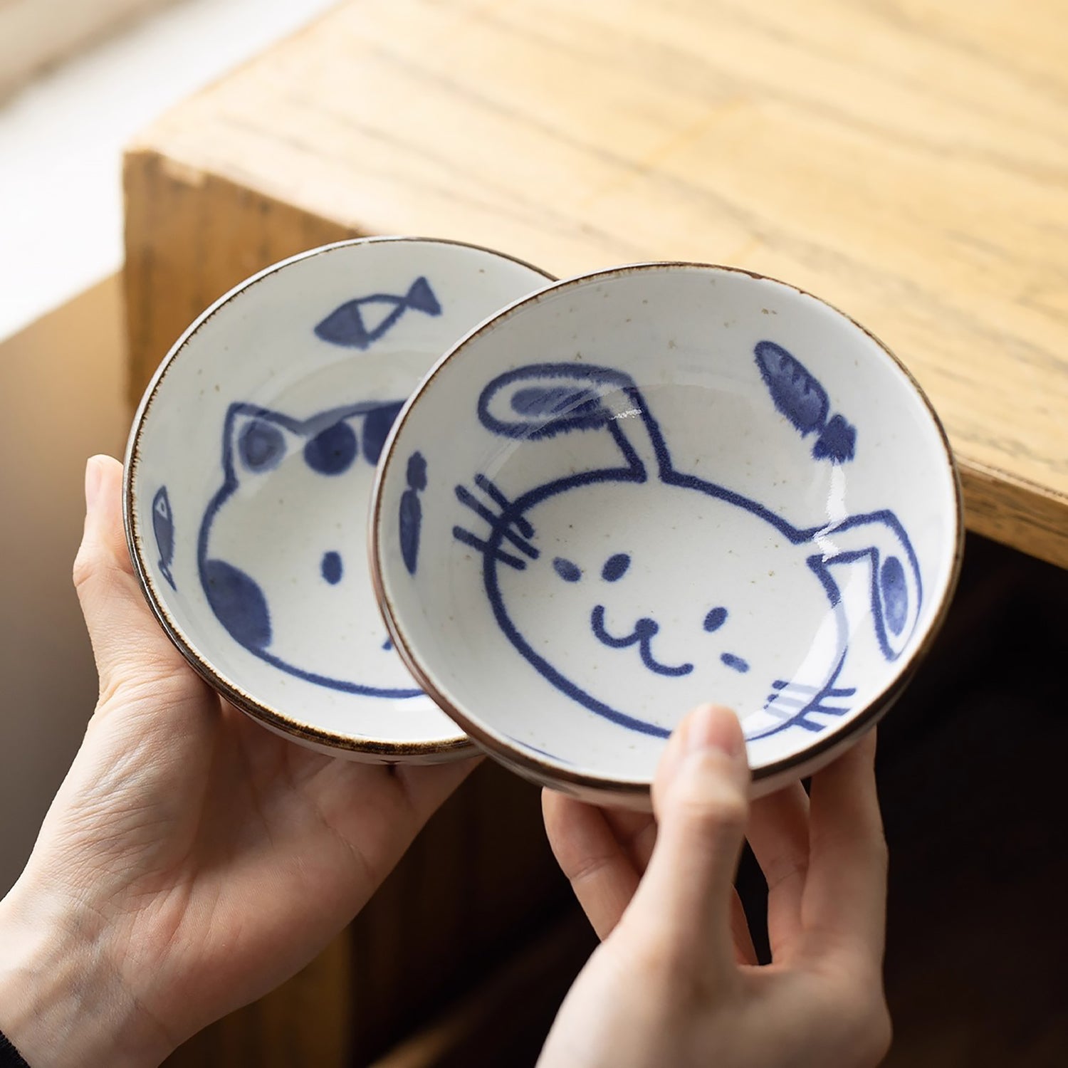 Bol en céramique Mino-yaki avec chat et lapin mignons