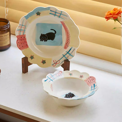 Vaiselle en céramique chat illustré bord festonné