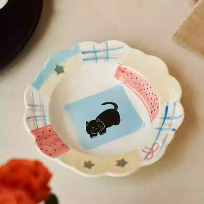 Vaiselle en céramique chat illustré bord festonné