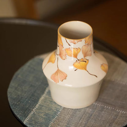 Vase peint à la main motif feuilles de ginkgo 