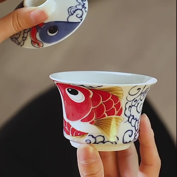 Gaiwan en porcelaine avec Motif bonheur dragon- poisson