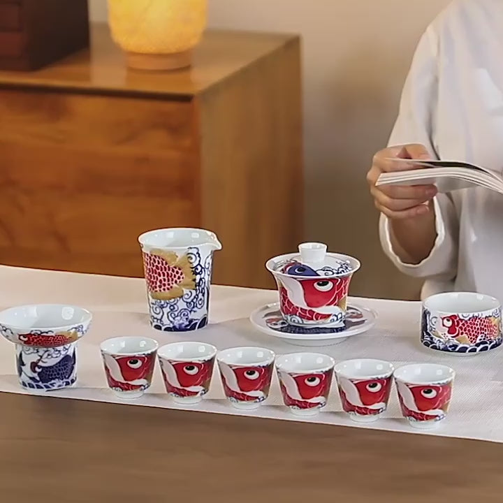 Ensemble de Gaiwan en céramique avec Motif bonheur dragon et poisson