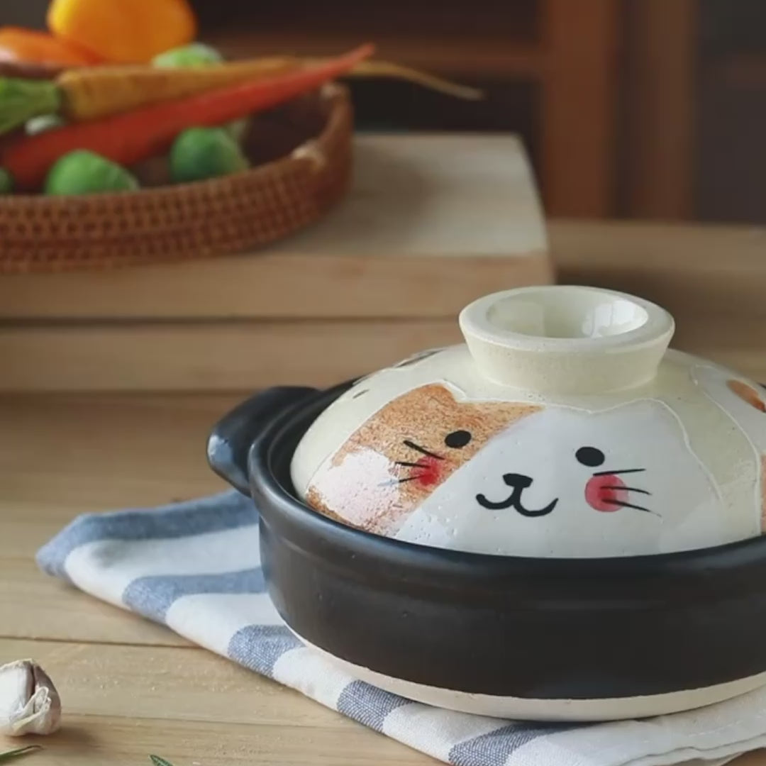 Cocotte japonaise Wanko-yaki avec Motif chat peint à la main